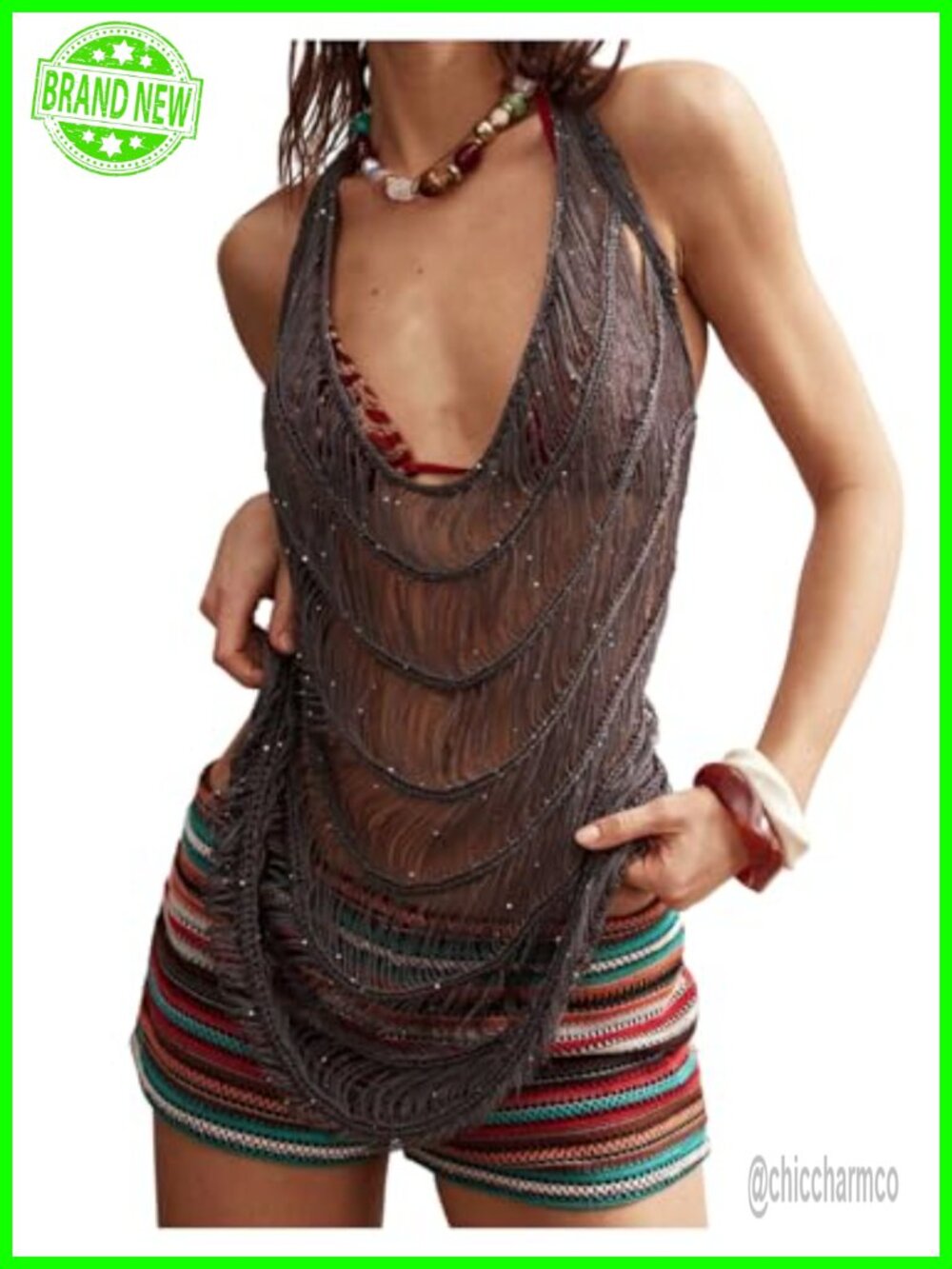 Women's Crochet Halter Sequin Fringe Open Back Sheer Top